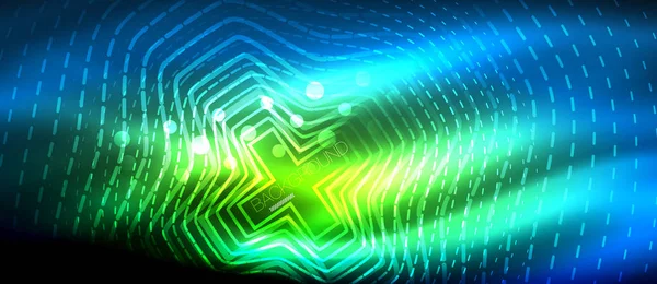 Neon parlayan dalga, sihirli enerji ve ışık arka plan. Duvar kağıdı şablonu, yüksek teknoloji gelecek kavramı