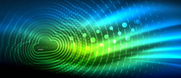 Neon parlayan dalga, sihirli enerji ve ışık arka plan. Duvar kağıdı şablonu, yüksek teknoloji gelecek kavramı