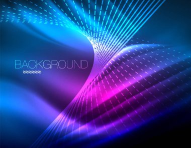 Yumuşak ışık efekti, parlak parlak neon koyu arka plan üzerinde düz çizgiler. Enerji Teknoloji fikir