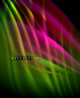 Neon parlayan dalga, sihirli enerji ve ışık arka plan. Vektör duvar kağıdı şablonu