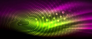 Neon parlayan dalga, sihirli enerji ve ışık arka plan. Duvar kağıdı şablonu, yüksek teknoloji gelecek kavramı