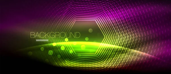 Neon parlayan dalga, sihirli enerji ve ışık arka plan. Duvar kağıdı şablonu, yüksek teknoloji gelecek kavramı