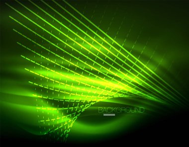 Yumuşak ışık efekti, parlak parlak neon koyu arka plan üzerinde düz çizgiler. Enerji Teknoloji fikir