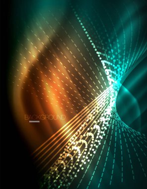 Yumuşak ışık efekti, parlak parlak neon koyu arka plan üzerinde düz çizgiler. Enerji Teknoloji fikir