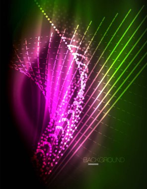 Yumuşak ışık efekti, parlak parlak neon koyu arka plan üzerinde düz çizgiler. Enerji Teknoloji fikir