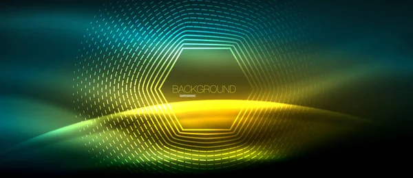 Neon glowing wave, magic energy and light motion background. Wallpaper template, hi-tech future concept — Stock Vector