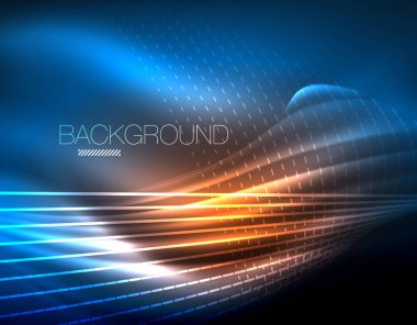 Yumuşak ışık efekti, parlak parlak neon koyu arka plan üzerinde düz çizgiler. Enerji Teknoloji fikir