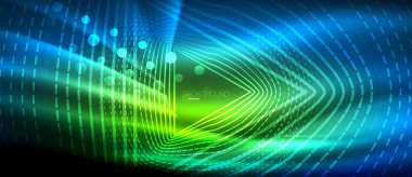 Neon parlayan dalga, sihirli enerji ve ışık arka plan. Duvar kağıdı şablonu, yüksek teknoloji gelecek kavramı