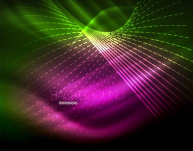 Yumuşak ışık efekti, parlak parlak neon koyu arka plan üzerinde düz çizgiler. Enerji Teknoloji fikir