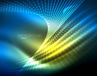 Yumuşak ışık efekti, parlak parlak neon koyu arka plan üzerinde düz çizgiler. Enerji Teknoloji fikir