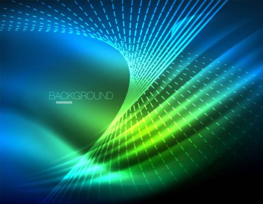 Yumuşak ışık efekti, parlak parlak neon koyu arka plan üzerinde düz çizgiler. Enerji Teknoloji fikir