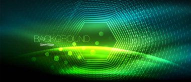 Neon parlayan dalga, sihirli enerji ve ışık arka plan. Duvar kağıdı şablonu, yüksek teknoloji gelecek kavramı