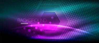 Neon parlayan dalga, sihirli enerji ve ışık arka plan. Duvar kağıdı şablonu, yüksek teknoloji gelecek kavramı