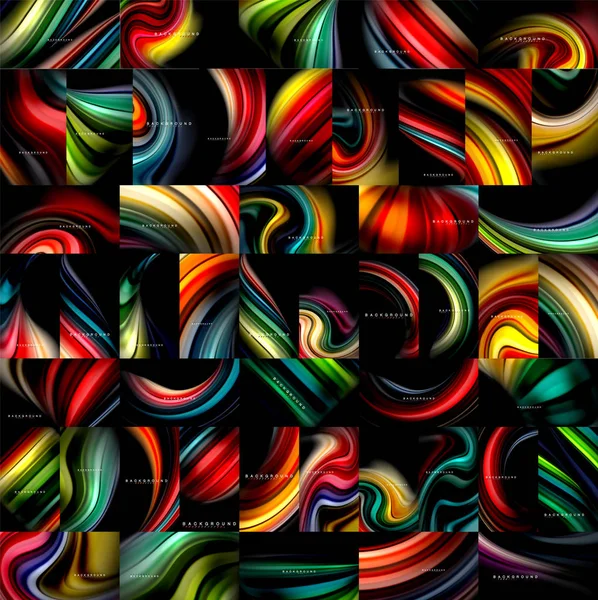 Mega-Sammlung flüssiger abstrakter Hintergründe, flüssiges Mischen fließender Farben auf Schwarz. moderne, farbenfrohe Universalvorlagen — Stockvektor