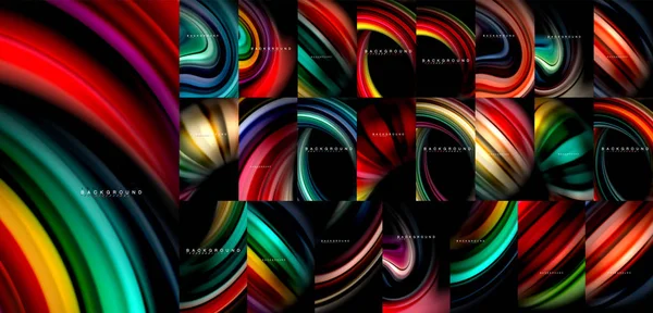 Fluido fluxo de cor fundo abstrato mega coleção, modernos desenhos coloridos fluindo, ondas líquidas em preto — Vetor de Stock