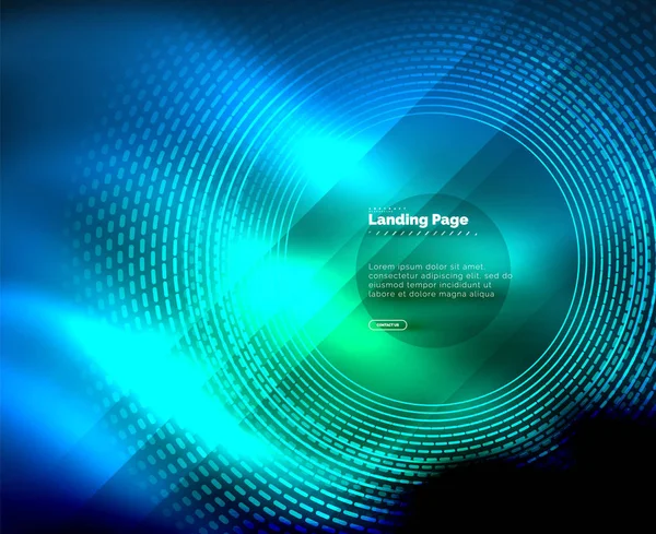 Neon glödande techno linjer, högteknologiska futuristiska abstrakt bakgrund mall med cirklar, landning sidmall — Stock vektor