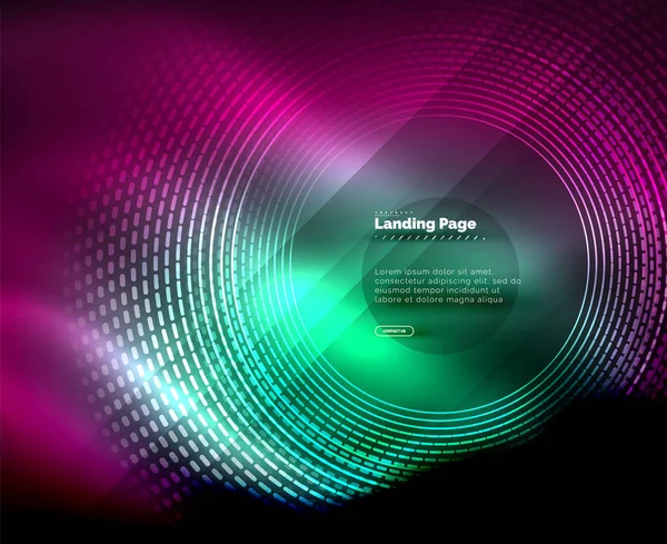 Neonové svítící techno linky, hi-tech futuristické abstraktní pozadí šablony s kruhy, přistání šablona stránky — Stockový vektor