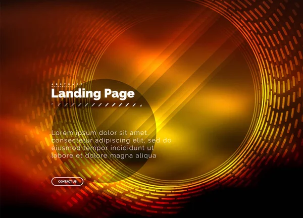 Neón brillantes líneas techno, alta tecnología futurista plantilla de fondo abstracto con círculos, plantilla de landing page — Vector de stock