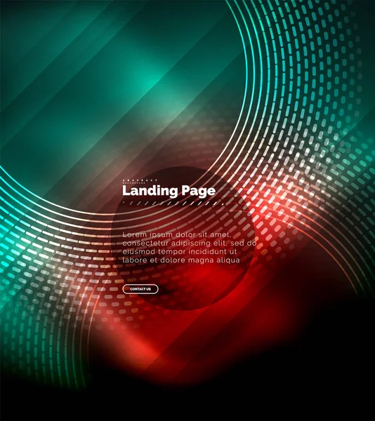 Neón brillantes líneas techno, alta tecnología futurista plantilla de fondo abstracto con círculos, plantilla de landing page — Vector de stock