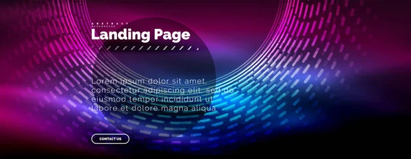 Linee techno incandescente al neon, hi-tech futuristico modello astratto di sfondo con cerchi, modello di pagina di destinazione — Vettoriale Stock