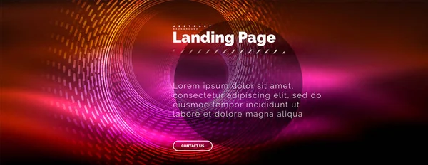 Linhas techno brilhantes néon, oi-tech modelo de fundo abstrato futurista com círculos, modelo de landing page — Vetor de Stock