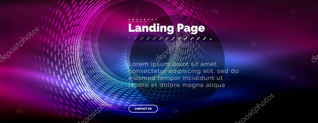 Neon glowing techno lines, hi-tech futuristic abstract background template with circles, landing page template. Vector illustration