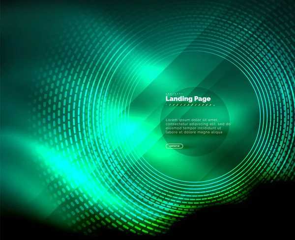 Neon glühende Techno-Linien, Hi-Tech futuristische abstrakte Hintergrundvorlage mit Kreisen, Landing Page Template — Stockvektor