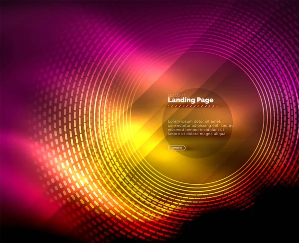 霓虹灯发光技术线, 高科技未来抽象背景模板带圆圈, 登陆页面模板 — 图库矢量图片