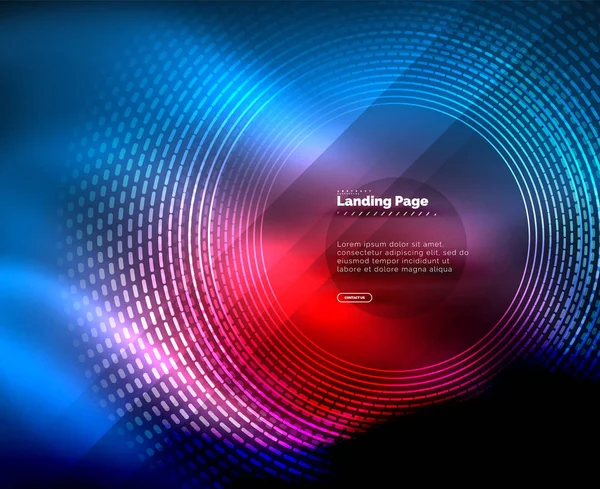 Neón brillantes líneas techno, alta tecnología futurista plantilla de fondo abstracto con círculos, plantilla de landing page — Vector de stock