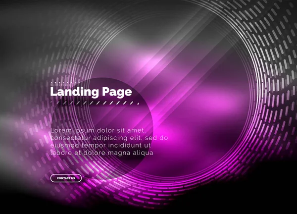 Neon glühende Techno-Linien, Hi-Tech futuristische abstrakte Hintergrundvorlage mit Kreisen, Landing Page Template — Stockvektor