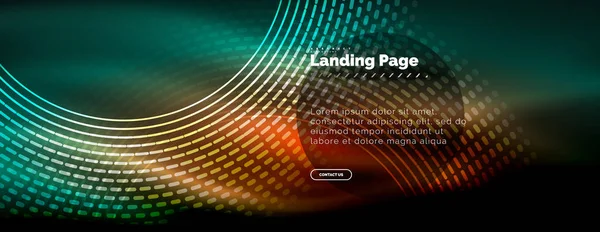 Linhas techno brilhantes néon, oi-tech modelo de fundo abstrato futurista com círculos, modelo de landing page —  Vetores de Stock