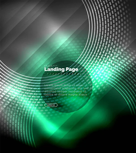 Neon glowing techno lines, hi-tech futuristic abstract background template with circles, landing page template — Stock Vector