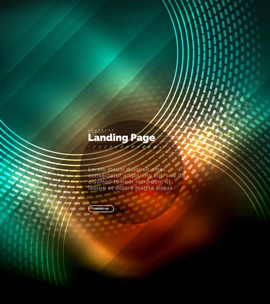 Neon glühende Techno-Linien, Hi-Tech futuristische abstrakte Hintergrundvorlage mit Kreisen, Landing Page Template — Stockvektor