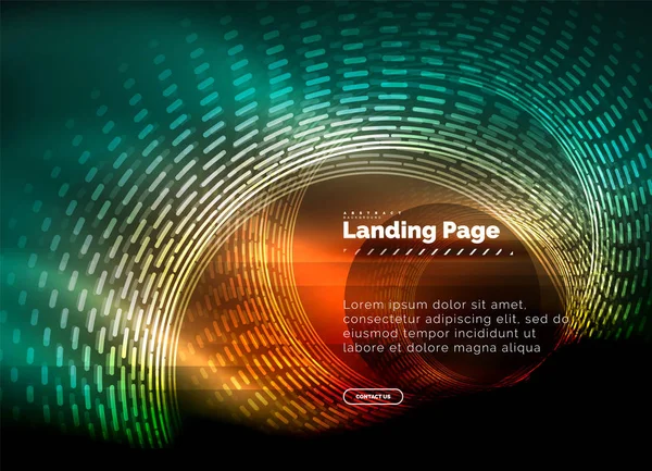 Linhas techno brilhantes néon, oi-tech modelo de fundo abstrato futurista com círculos, modelo de landing page —  Vetores de Stock