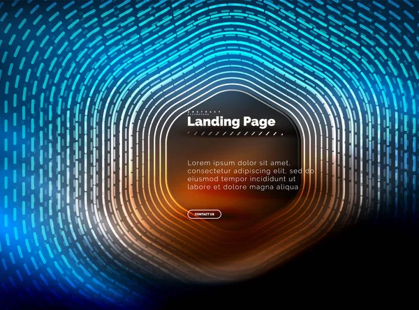 Неоновые светящиеся линии формы шестиугольника, высокотехнологичный футуристический абстрактный фон, шаблон целевой страницы — стоковый вектор