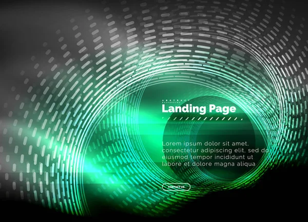 Neon glødende techno linjer, høyteknologisk futuristisk abstrakt bakgrunnsmal med sirkler, mal for landingsside – stockvektor