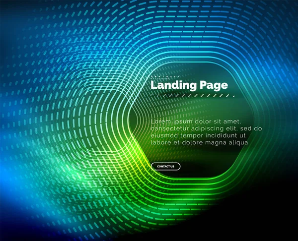 Neon glühende Techno-Sechseck-Formlinien, Hi-Tech futuristischer abstrakter Hintergrund, Landing Page Template — Stockvektor