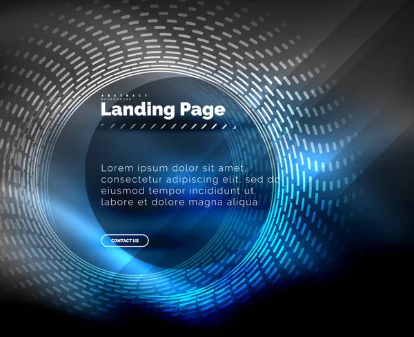 Neon glödande techno linjer, högteknologiska futuristiska abstrakt bakgrund mall med cirklar, landning sidmall — Stock vektor
