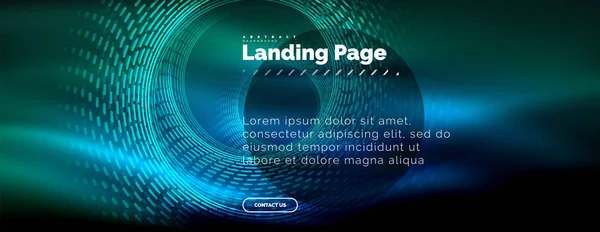 Linhas techno brilhantes néon, oi-tech modelo de fundo abstrato futurista com círculos, modelo de landing page — Vetor de Stock