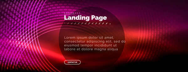 Linhas techno brilhantes néon, oi-tech modelo de fundo abstrato futurista com círculos, modelo de landing page — Vetor de Stock