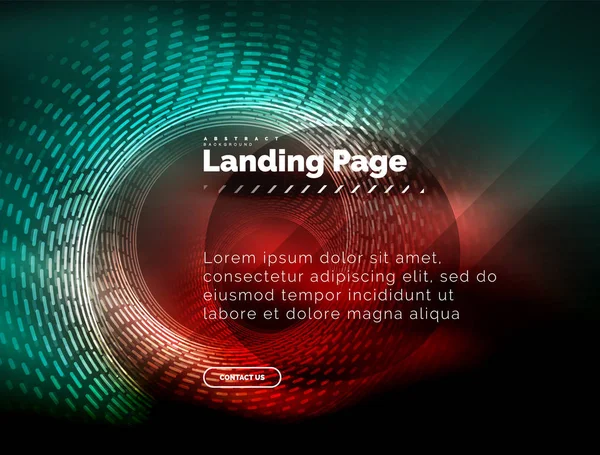 Neon glödande techno linjer, högteknologiska futuristiska abstrakt bakgrund mall med cirklar, landning sidmall — Stock vektor