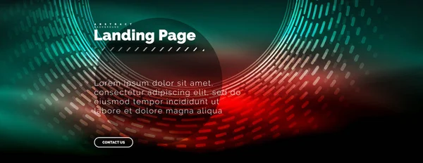Neon glödande techno linjer, högteknologiska futuristiska abstrakt bakgrund mall med cirklar, landning sidmall — Stock vektor