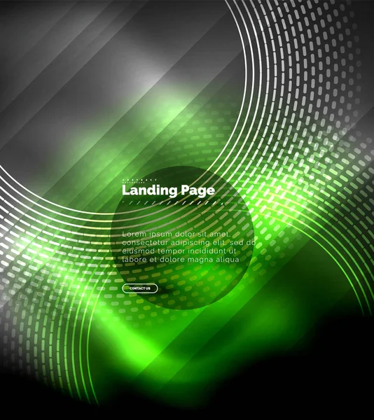Néon rayonnant lignes techno, salut-tech futuriste modèle de fond abstrait avec des cercles, modèle de page de destination — Image vectorielle