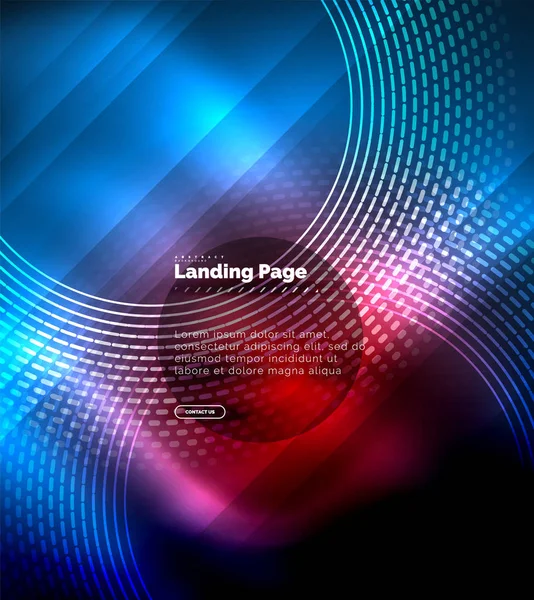 Neon glowing techno lines, hi-tech futuristic abstract background template with circles, landing page template — Stock Vector