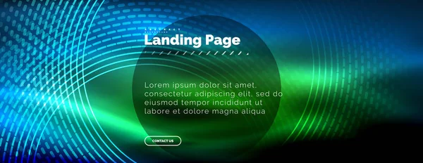 Linhas techno brilhantes néon, oi-tech modelo de fundo abstrato futurista com círculos, modelo de landing page — Vetor de Stock