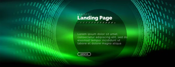 Linhas techno brilhantes néon, oi-tech modelo de fundo abstrato futurista com círculos, modelo de landing page — Vetor de Stock