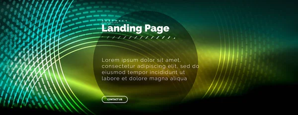 Linhas techno brilhantes néon, oi-tech modelo de fundo abstrato futurista com círculos, modelo de landing page — Vetor de Stock