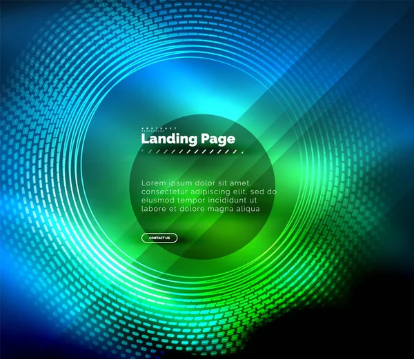 Neon glühende Techno-Linien, Hi-Tech futuristische abstrakte Hintergrundvorlage mit Kreisen, Landing Page Template — Stockvektor