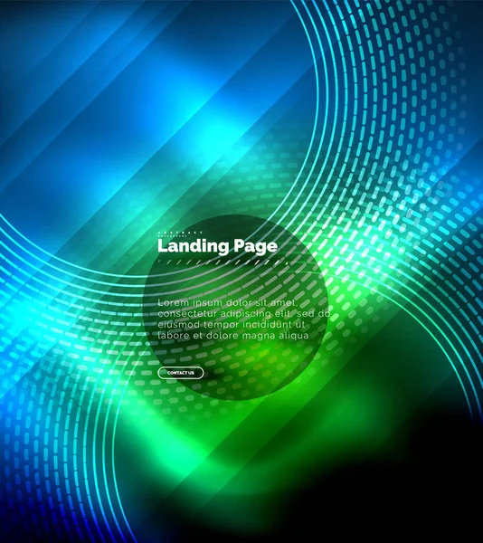 Neon glowing techno lines, hi-tech futuristic abstract background template with circles, landing page template — Stock Vector