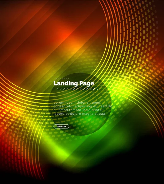 Neón brillantes líneas techno, alta tecnología futurista plantilla de fondo abstracto con círculos, plantilla de landing page — Archivo Imágenes Vectoriales